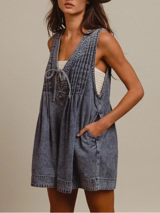 Pants - Sleeveless Pleated Tie Front Washed Denim Romper Jumpsuit